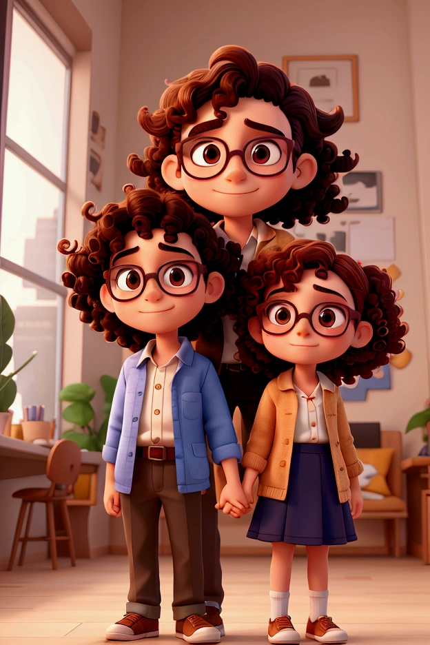 Generates an image of a couple of a boy with glasses and a girl with curly hair