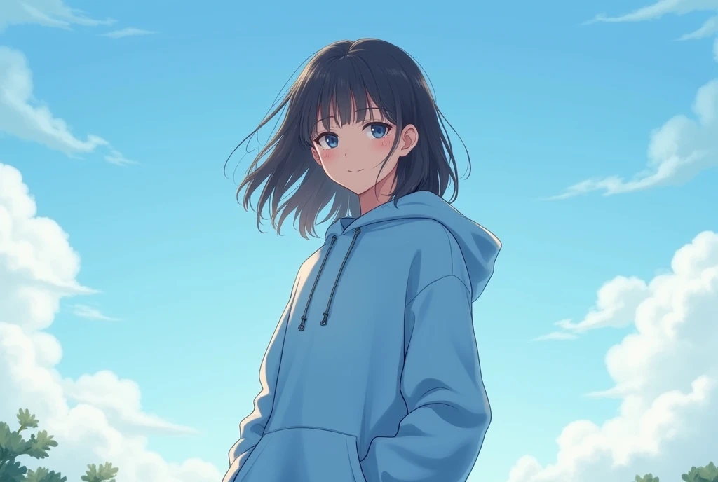 A girl wearing a blue hoodie with a beautiful sky