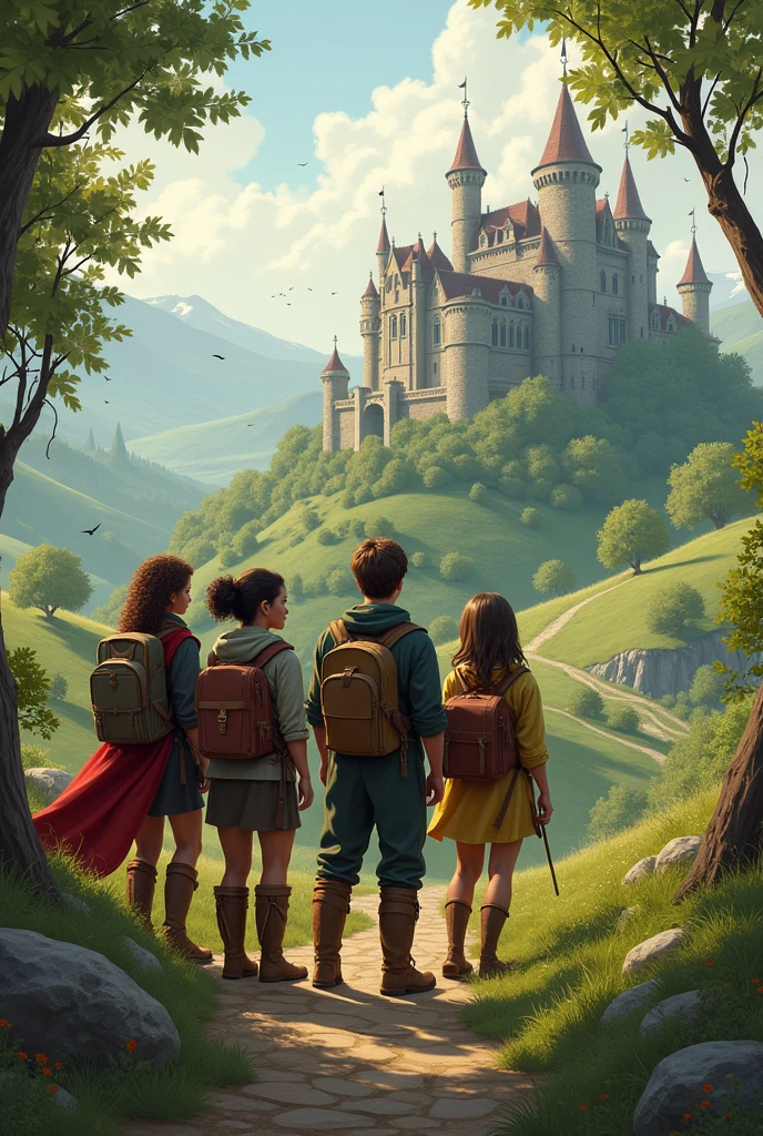 a picture of 4 friends looking for a medieval house