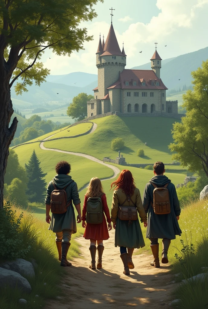 a picture of 4 friends looking for a medieval house