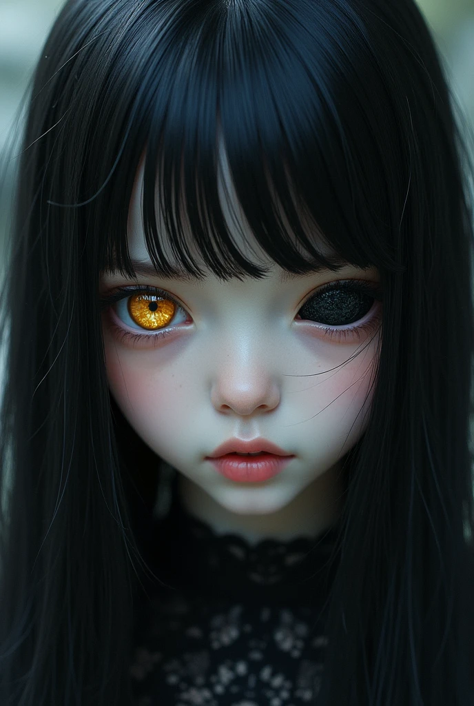 A girl with great beauty, who has hair as black as night, soft and extremely straight. Her left eye is golden and the right one is completely black, she has pale white skin.