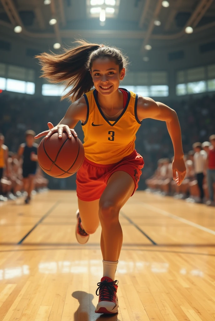 A high school student runs through the gym showing off her elbow