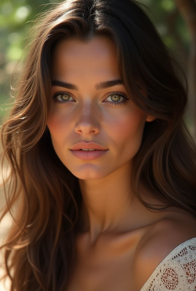 Créez une image exceptionnellement réaliste et humaine d'une superbe femme cocasienne d’une vingtaine d'années. Ses longs cheveux bruns foncés tombent naturellement en vagues douces et texturées, chaque mèche captant la lumière d'une manière qui semble tangible. Sa peau est chaude et dorée par le soleil, avec un éclat naturel qui révèle des détails subtils comme la fine texture de ses pores et quelques légères taches de rousseur sur ses joues, ajoutant profondeur et authenticité.