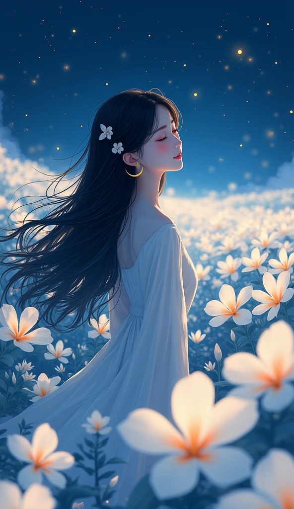 1girl, Solo, High Resolution, Masterpiece, Accurate, Best Quality, Award Winning, Long Hair, Black Hair, Curly Hair, Crescent Earrings, Closed Eyes, Light Smile, Tearing Up, POV, Multiple Views, Hair Flower, Sparkle, Bloom, Blending, standing in the middle of the white plumeria flied, night, fireflies,Feet Out Of Frame, anime, donghua, myth, can see the night view and a big plumeria field