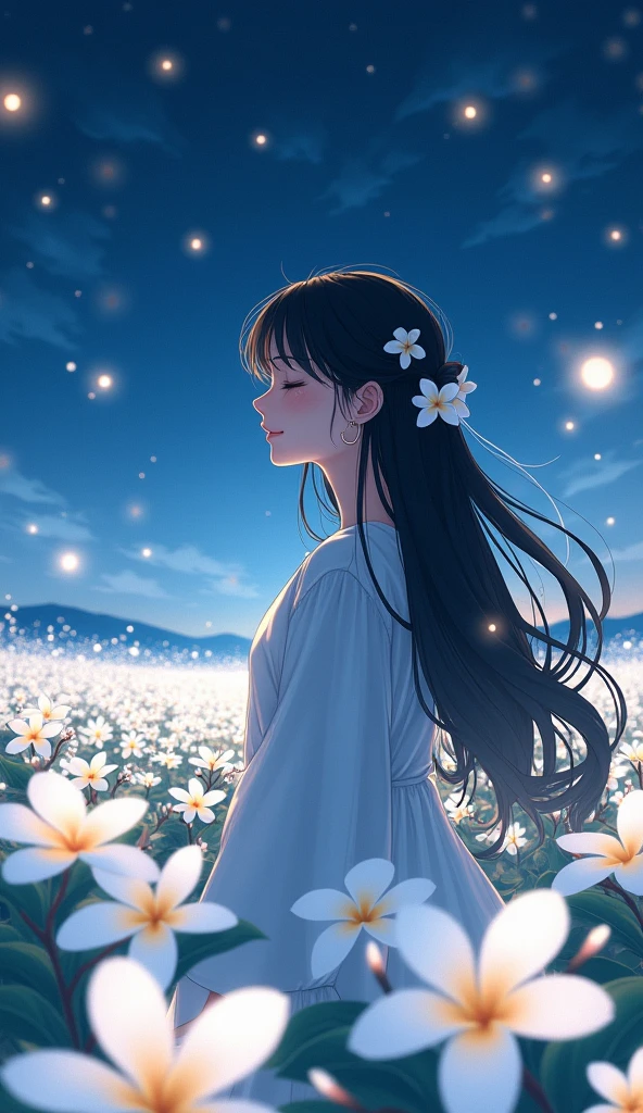  1girl, Solo, High Resolution, Masterpiece, Accurate, Best Quality, Award Winning, Long Hair, Black Hair, Curly Hair, Crescent Earrings, Closed Eyes, Light Smile, Tearing Up, POV, Multiple Views, Hair Flower, Sparkle, Bloom, Blending, standing in the middle of the white plumeria flied, night, fireflies,Feet Out Of Frame, anime, donghua, myth, can see the night view and a big plumeria field