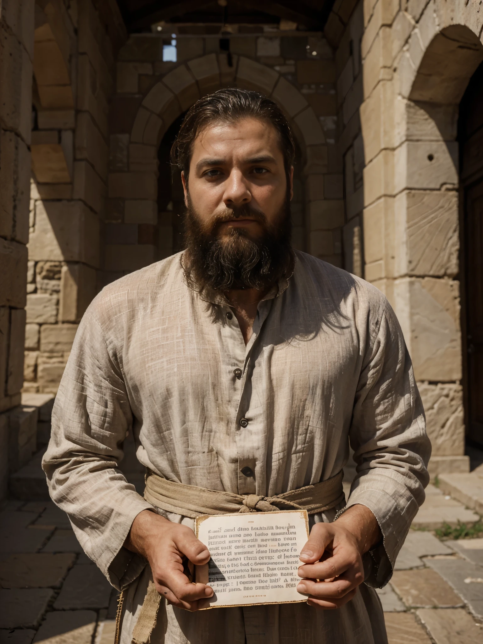 Paul, also known as Saul of Tarsus, in a scene typical of the first century A.D. He is a middle-aged man of medium height, with a robust build, wearing a simple linen tunic worn by time and travel. His face is stern, with a thick beard and short gray hair, reflecting both the wisdom and the hardships he has endured. His eyes are intense, with a determined and deep gaze, revealing the passion of someone who has been profoundly transformed by his spiritual journey. In the background, imagine a barren landscape, with cobblestone streets and ancient stone buildings, in a city like Damascus or Antioch, amid the bustling backdrop of the Greco-Roman world. He holds tightly a scroll, representing the letters and writings he would leave as his legacy. The atmosphere around him is serious, almost contemplative, capturing the weight of his mission and the intensity of his newfound faith.
