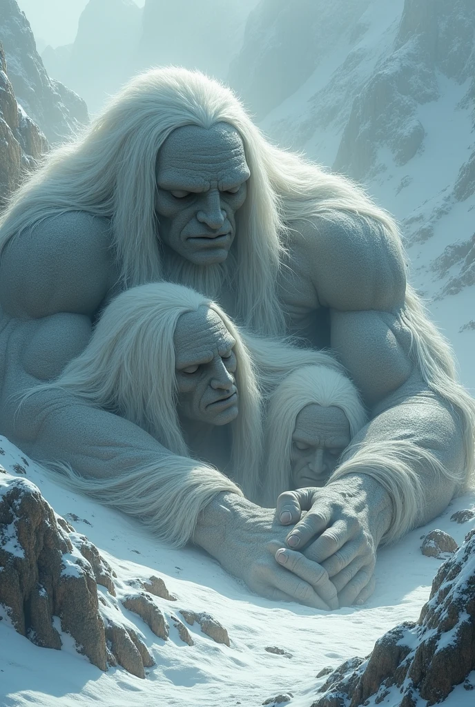 Many Giants, stone skin, sleeping in group, cone head, snow hair, pov of sky