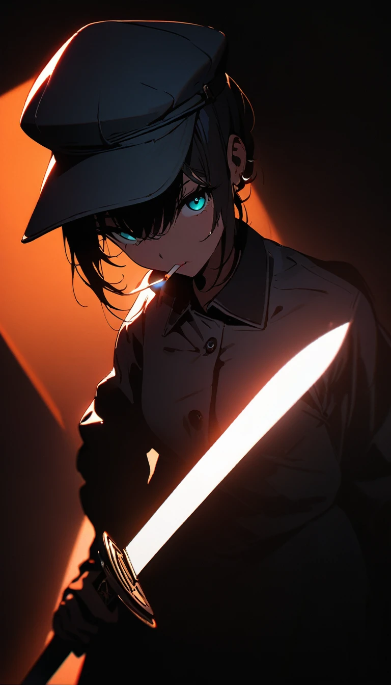 (high quality, 8k, 4K, High Contrast, masterpiece:1.2, 最high quality, Best aesthetics),high angle shot, Newsboy cap,((1 female)),((Holding a sword:1.5)), ((Background in a dark room:1.3)), ((holding a lit cigarette in one's mouth:1.4)) ((Flat Color)),High Contrast, Contrasting colors, , Pale pink and blue lighting,Pink Hair, Red eyes, Oversized blackTshirt,Denim shorts,(White loose socks),Purple sneakers, Looking at the audience, (Cool look), Sleepy eyes, ((Short Hair)) , (Tied Hair), Small star-shaped earrings in both ears, bright eyeshadow, Mature face,watch on right wrist,necklace,small tits