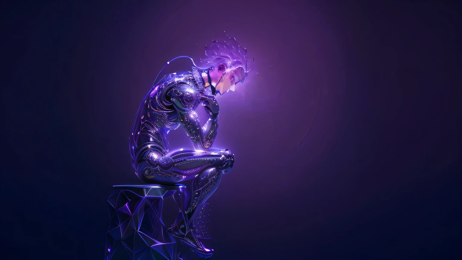 arafed image of a man sitting on a stool with a purple light, thinker pose, thinker, the thinker, abstract human body, fractal human silhouette, thinking pose, inspired by Mike Winkelmann, dramatic thinking pose, intricate transhuman, strong artificial intelligence, by Julian Allen, digital art, digital art, his mind contemplating eternity