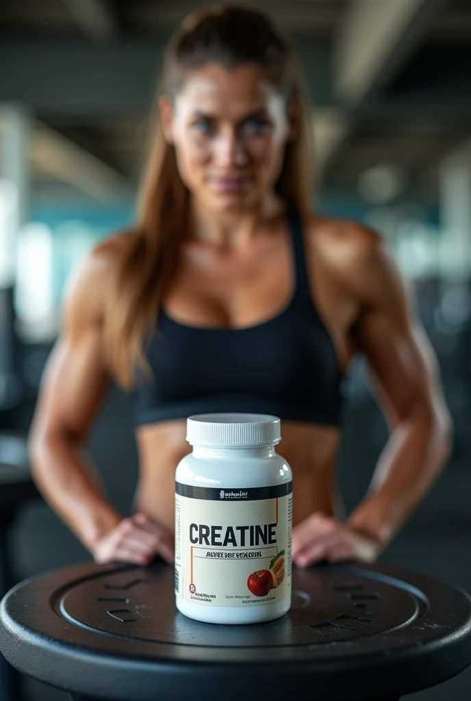 small jar of creatine on top of a weight training equipment, with a strong woman behind with blurred image