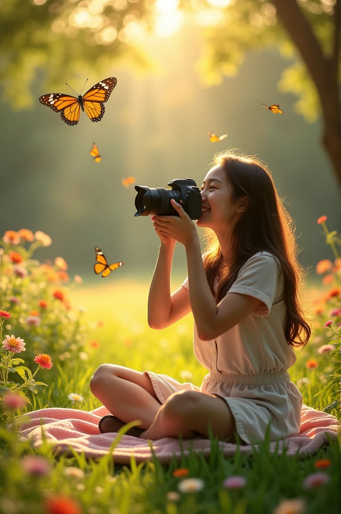 Scene 2: The Photography Session
Description: Mia is sitting on the blanket, camera in hand, capturing the beauty of fluttering butterflies and colorful flowers around her. The sunlight creates a warm glow on her face, reflecting her passion for photography.
Visual Prompt: "A young woman photographing butterflies and flowers, sunlight streaming through leaves, with her camera poised toward nature."