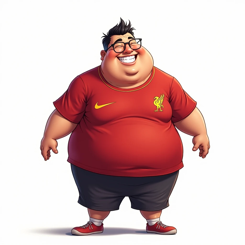 Fat Thai man, about 4, short hair, smiling in manga style, bowing in Thai style and wearing Liverpool shirt, wearing glasses, standing in cartoon style. High quality dynamic photo, detailed and colorful, realistic and colorful pose, white background.