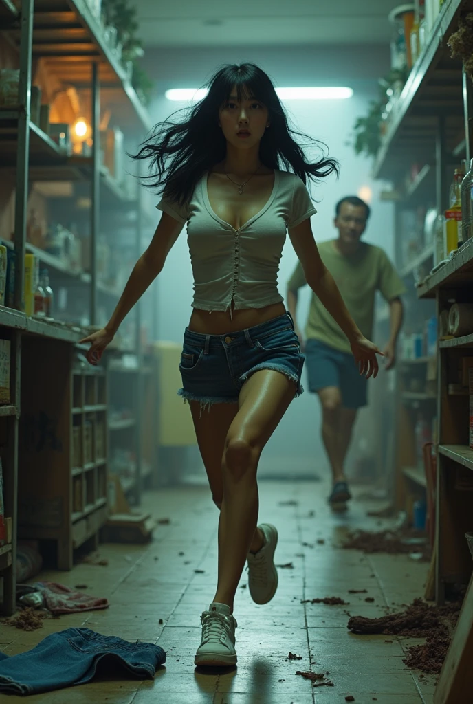 (shabby shop).A terrified woman runs away as an old man in only his underwear chases her from behind..((Korean woman with black hair).Women with big breasts.Women with big breasts.A woman running away with her body covered.Korean actress female.Korean girl group women.Woman in her 20s.Hourglass body.woman in black panties.A woman wearing a tight, thin, ripped short-sleeved T-shirt.Skinny jeans are lying on the floor..white skin woman.Wearing white sneakers.Korean fitting model.slim woman.