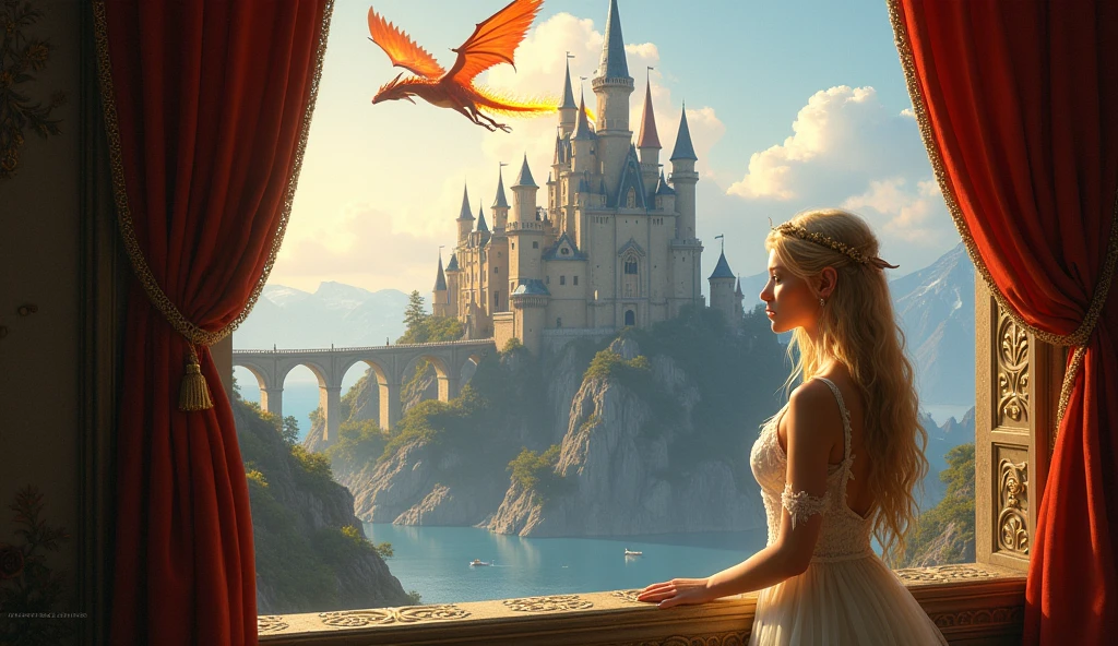 fantasy art, RPG art, a portrait picture of a (beautiful elf princess: 1.2) looking through her window at a magical castle and flying dragon, a beautiful elven princess looking through her window to see a magical castle, an impressive best detailed castle, with towers, bridges, a moat, standing on top of a mountain and a flying epic dragon breathing fire near the castle