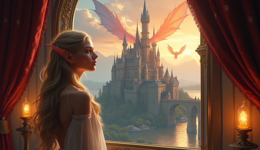 fantasy art, RPG art, a portrait picture of a (beautiful elf princess: 1.2) looking through her window at a magical castle and flying dragon, a beautiful elven princess looking through her window to see a magical castle, an impressive best detailed castle, with towers, bridges, a moat, standing on top of a mountain and a flying epic dragon breathing fire near the castle