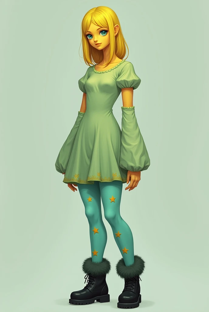 She has light yellow hair and it is long, It reaches to her waist, her skin is also yellow but stronger than her hair, her eyes are blue and she has no neck. She wears a tight pastel green dress without designs, she does not have shoulder pads, it reaches to her hips, then she has sleeves after her shoulders and the same color as the dress., She wears almost turquoise blue fluffy stockings with 3 yellow stars on each of the stockings. Her boots stick out a little., They are black