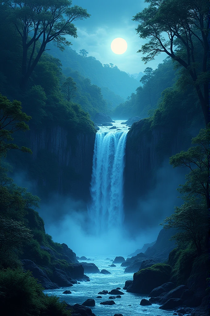 A waterfall at night in a forest