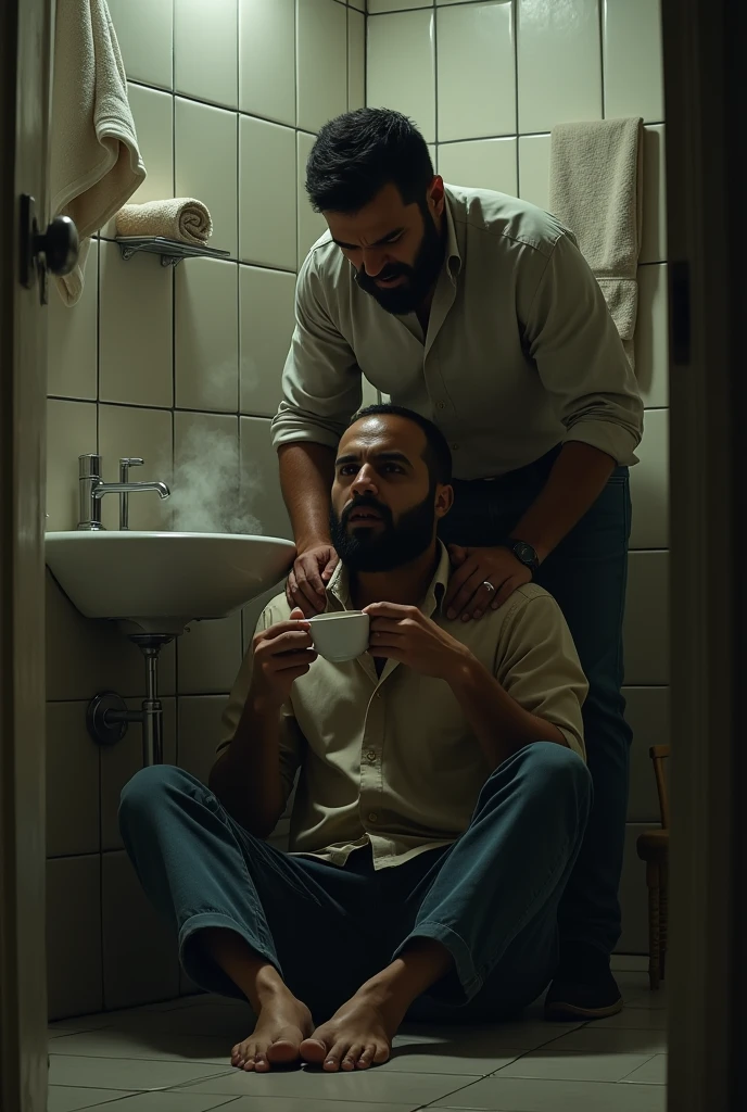 Iraqi man drinking tea in bathroom while her husband screams