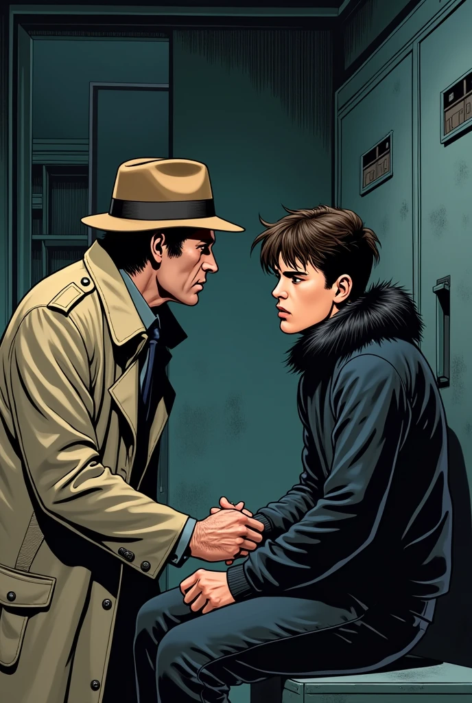 detective (The detective has brown hair and wears a brown hat and a beige trench coat.) interrogating a young man in an interrogation room. (the young man has sports clothes, black fur, and has a serious expression). do it in comic style