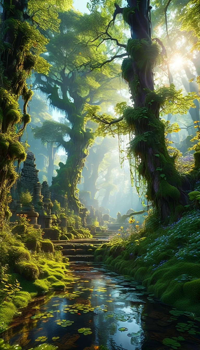 Create a stunning scene of an enchanted forest at dusk, rendered in highly detailed digital art with 4K and 8K resolutions, using Octane and inspired by the style of Studio Ghibli. This concept art should be a masterpiece of official illustration, merging realism and whimsical elements to achieve the highest quality.
The landscape is a mystical woodland, bathed in the soft, golden light of the setting sun. Ancient trees, their trunks thick and gnarled, stretch upwards, their canopies forming a dense, leafy ceiling. The forest floor is covered in a carpet of moss and wildflowers, their vibrant colors standing out against the darkening shadows.
In the midst of this magical environment, glowing orbs of light hover and dance, casting a gentle, ethereal glow. These will-o'-the-wisps illuminate hidden pathways and secret glades, adding a sense of wonder and mystery. The light from the orbs creates intricate patterns of light and shadow, enhancing the forest's magical ambiance.
Scattered throughout the forest are small clearings where ancient stone ruins stand, covered in vines and moss. These ruins hint at a forgotten civilization, adding a layer of intrigue and history to the scene. Delicate streams of water trickle through the forest, their surfaces sparkling in the fading light.
The composition captures the interplay between the grandeur of the ancient trees and the delicate details of the flora and glowing orbs. The rendering by Octane highlights the textures of the bark, moss, and ruins, bringing the enchanted forest to life with stunning realism and fantasy.
Every element is meticulously crafted, from the intricate foliage to the mysterious glowing orbs, creating a vivid and immersive experience. This digital artwork embodies the whimsical imagination and perfect composition envisioned by artists like Hayao Miyazaki and Yoshiyuki Momose, making it a true masterpiece