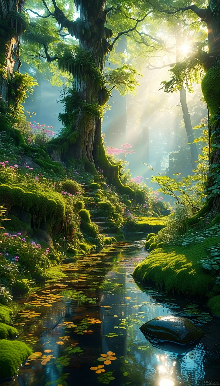 Create a stunning scene of an enchanted forest at dusk, rendered in highly detailed digital art with 4K and 8K resolutions, using Octane and inspired by the style of Studio Ghibli. This concept art should be a masterpiece of official illustration, merging realism and whimsical elements to achieve the highest quality.

The landscape is a mystical woodland, bathed in the soft, golden light of the setting sun. Ancient trees, their trunks thick and gnarled, stretch upwards, their canopies forming a dense, leafy ceiling. The forest floor is covered in a carpet of moss and wildflowers, their vibrant colors standing out against the darkening shadows.

In the midst of this magical environment, glowing orbs of light hover and dance, casting a gentle, ethereal glow. These will-o'-the-wisps illuminate hidden pathways and secret glades, adding a sense of wonder and mystery. The light from the orbs creates intricate patterns of light and shadow, enhancing the forest's magical ambiance.

Scattered throughout the forest are small clearings where ancient stone ruins stand, covered in vines and moss. These ruins hint at a forgotten civilization, adding a layer of intrigue and history to the scene. Delicate streams of water trickle through the forest, their surfaces sparkling in the fading light.

The composition captures the interplay between the grandeur of the ancient trees and the delicate details of the flora and glowing orbs. The rendering by Octane highlights the textures of the bark, moss, and ruins, bringing the enchanted forest to life with stunning realism and fantasy.

Every element is meticulously crafted, from the intricate foliage to the mysterious glowing orbs, creating a vivid and immersive experience. This digital artwork embodies the whimsical imagination and perfect composition envisioned by artists like Hayao Miyazaki and Yoshiyuki Momose, making it a true masterpiece