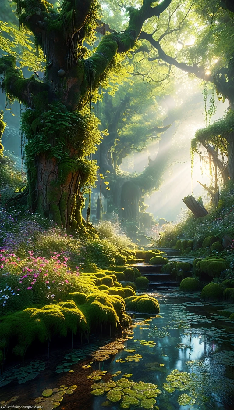 Create a stunning scene of an enchanted forest at dusk, rendered in highly detailed digital art with 4K and 8K resolutions, using Octane and inspired by the style of Studio Ghibli. This concept art should be a masterpiece of official illustration, merging realism and whimsical elements to achieve the highest quality.
The landscape is a mystical woodland, bathed in the soft, golden light of the setting sun. Ancient trees, their trunks thick and gnarled, stretch upwards, their canopies forming a dense, leafy ceiling. The forest floor is covered in a carpet of moss and wildflowers, their vibrant colors standing out against the darkening shadows.
In the midst of this magical environment, glowing orbs of light hover and dance, casting a gentle, ethereal glow. These will-o'-the-wisps illuminate hidden pathways and secret glades, adding a sense of wonder and mystery. The light from the orbs creates intricate patterns of light and shadow, enhancing the forest's magical ambiance.
Scattered throughout the forest are small clearings where ancient stone ruins stand, covered in vines and moss. These ruins hint at a forgotten civilization, adding a layer of intrigue and history to the scene. Delicate streams of water trickle through the forest, their surfaces sparkling in the fading light.
The composition captures the interplay between the grandeur of the ancient trees and the delicate details of the flora and glowing orbs. The rendering by Octane highlights the textures of the bark, moss, and ruins, bringing the enchanted forest to life with stunning realism and fantasy.
Every element is meticulously crafted, from the intricate foliage to the mysterious glowing orbs, creating a vivid and immersive experience. This digital artwork embodies the whimsical imagination and perfect composition envisioned by artists like Hayao Miyazaki and Yoshiyuki Momose, making it a true masterpiece