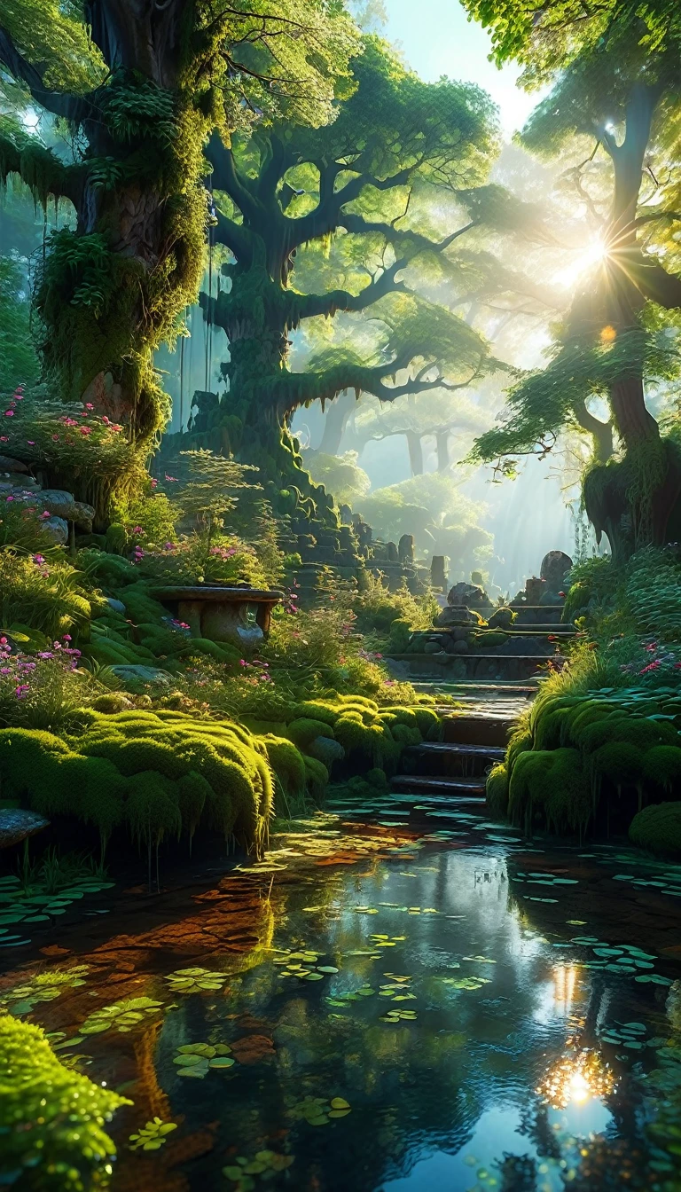 Create a stunning scene of an enchanted forest at dusk, rendered in highly detailed digital art with 4K and 8K resolutions, using Octane and inspired by the style of Studio Ghibli. This concept art should be a masterpiece of official illustration, merging realism and whimsical elements to achieve the highest quality.

The landscape is a mystical woodland, bathed in the soft, golden light of the setting sun. Ancient trees, their trunks thick and gnarled, stretch upwards, their canopies forming a dense, leafy ceiling. The forest floor is covered in a carpet of moss and wildflowers, their vibrant colors standing out against the darkening shadows.

In the midst of this magical environment, glowing orbs of light hover and dance, casting a gentle, ethereal glow. These will-o'-the-wisps illuminate hidden pathways and secret glades, adding a sense of wonder and mystery. The light from the orbs creates intricate patterns of light and shadow, enhancing the forest's magical ambiance.

Scattered throughout the forest are small clearings where ancient stone ruins stand, covered in vines and moss. These ruins hint at a forgotten civilization, adding a layer of intrigue and history to the scene. Delicate streams of water trickle through the forest, their surfaces sparkling in the fading light.

The composition captures the interplay between the grandeur of the ancient trees and the delicate details of the flora and glowing orbs. The rendering by Octane highlights the textures of the bark, moss, and ruins, bringing the enchanted forest to life with stunning realism and fantasy.

Every element is meticulously crafted, from the intricate foliage to the mysterious glowing orbs, creating a vivid and immersive experience. This digital artwork embodies the whimsical imagination and perfect composition envisioned by artists like Hayao Miyazaki and Yoshiyuki Momose, making it a true masterpiece