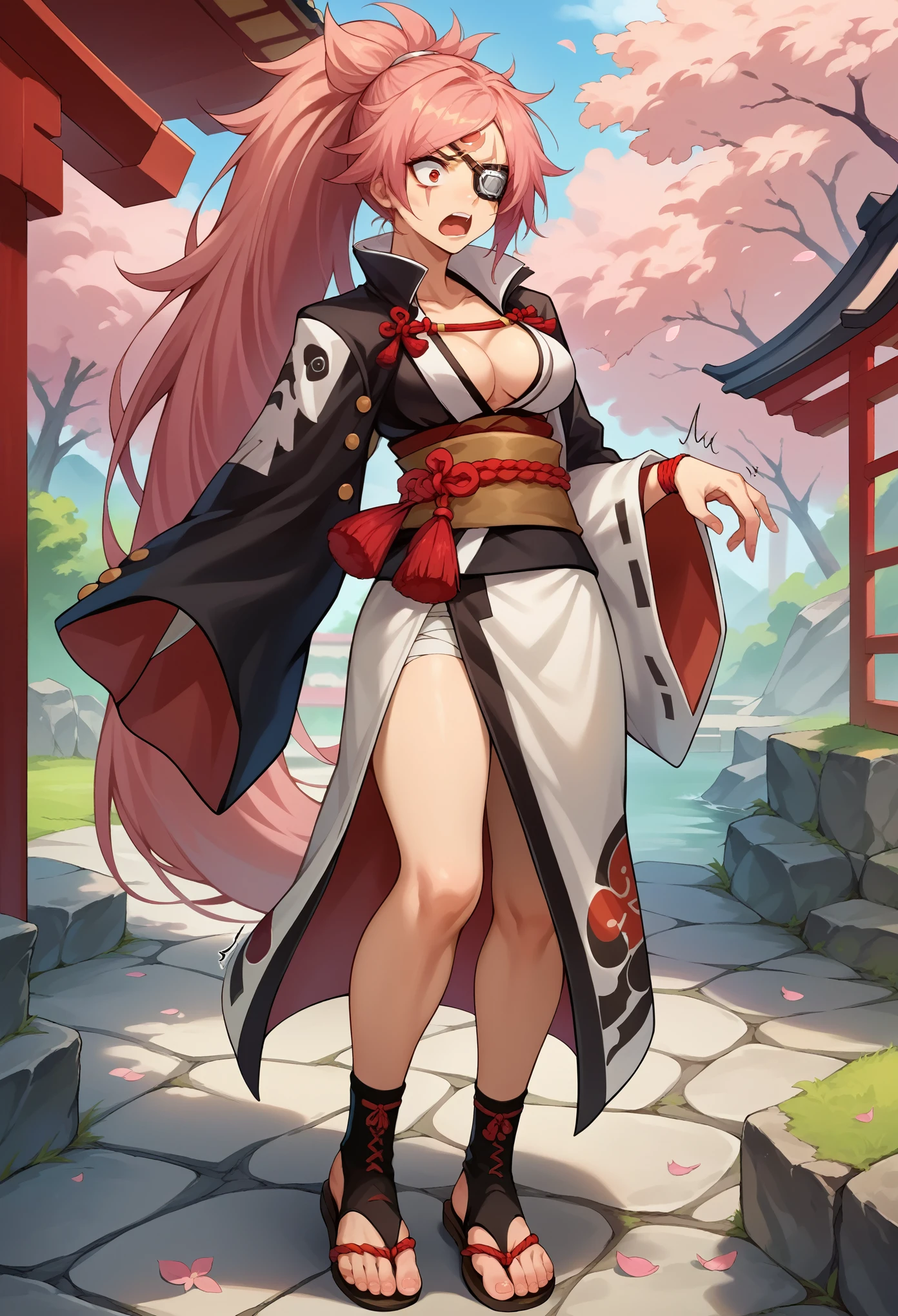 score_9, score_8_up, score_7_up, source_anime, 1girl, solo, (:1.5), teen, teenagerect, BaikenGGXL, scar on eye, scar across eye, eyepatch, red eye, pink hair, long ponytail, medium breasts, (right arm amputee), cleavage, kimono, multicolored kimono, brown sash, red rope, rope belt, bandages, standing, shocked face,screaming, shaking, looking down, japanese garden, cherry blossom,