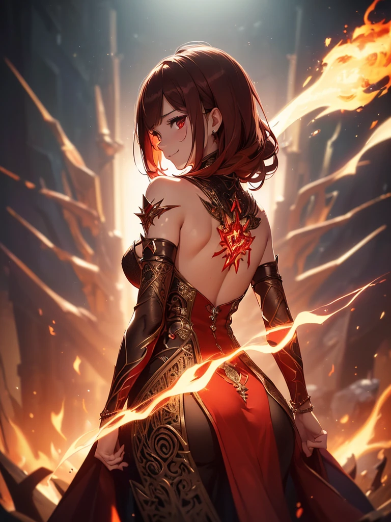 (((best quality, sharp image, clear image, cinematic lighting, 8k resolution, masterpiece, ultra detailed, intricate))) Girl, sorcerer, cute, intricate dress, smiling, fiery red, ((intricate background)), (rune frame), dimension, ((shot from behind)), fire sigils, chaotic background, ((half-body shot))