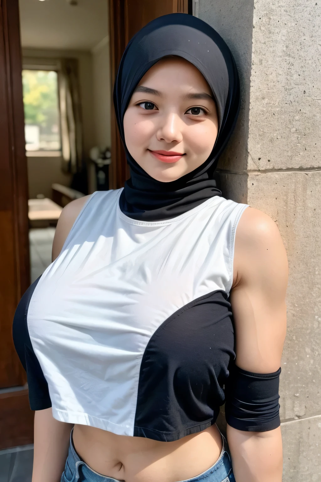 adorable, 1 girl, (face to face), , baby face, happy, medium portrait, (face details: 1), (eye details:1), ((naked big breasts)). wearing ((CROPPED SHIRT)) Cute posed. proportional body. Ultra High Res. realistic: 1.4, UHD, poke ((HIJAB STYLISH style)) , (Gigantic:1.199), ((ARM MUSCLES :1.35))