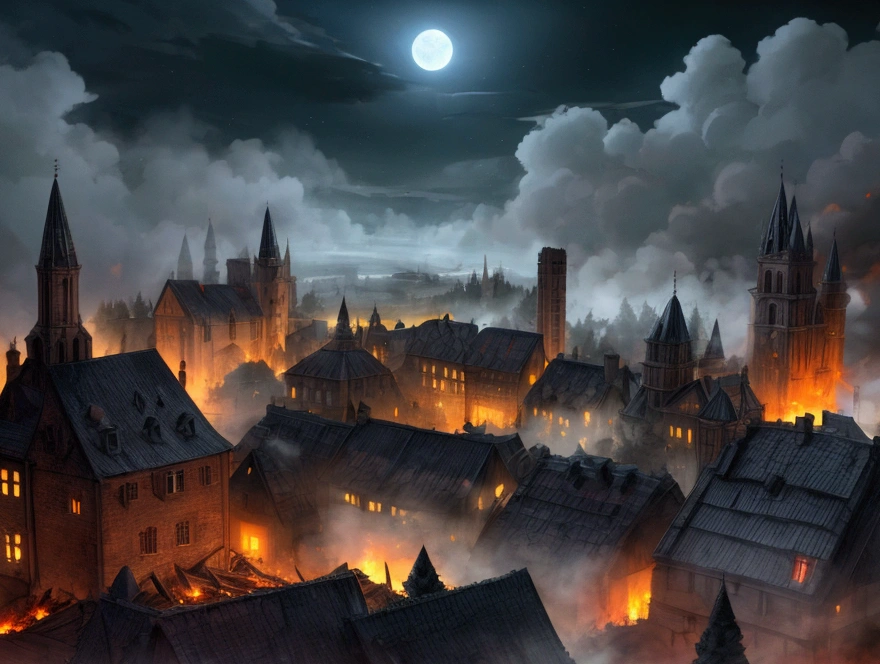 (a medieval town, destroyed, burning in fire, in the middle of the forest), at night, full moon, dark atmosphere, fog, destroyed houses.
