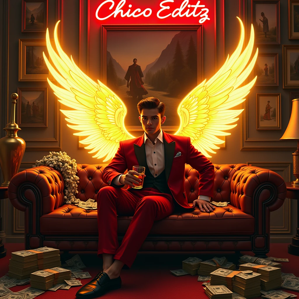 Create a realistic image where a 20 years old boy sitting on a sofa with glowing golden yellow wings, there are many cash and gold on sofa with guns. At wall there are many luxury paintings and one big painting in middle. Character is Wearing a red and black luxury suit with whisky 🥃 glass . In background "CHICO EDITZ" is written with neon and bold glowing effects which is just above the sofa and matching colour same as glowing golden wings