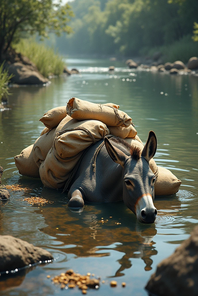 A donkey with many sacks on its back is lying in the water The sacks fell open 