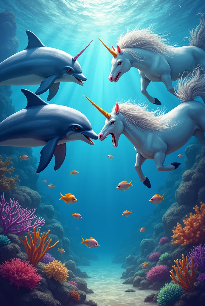 A picture of angry dolphins, Unicorns, rainbow and many colors in the sea 