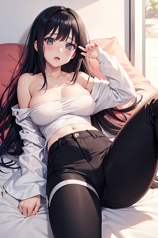 naruto、Hinata、Black hair straight、Spread your legs、High resolution, Lying on your back、Big Breasts、Open your mouth、Blushing、White pants、Off the shoulder、