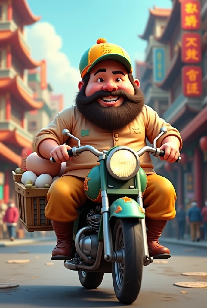 Create me an animated image showing a chubby man with a jockey and a bit of a beard delivering eggs on a Chinese motorcycle