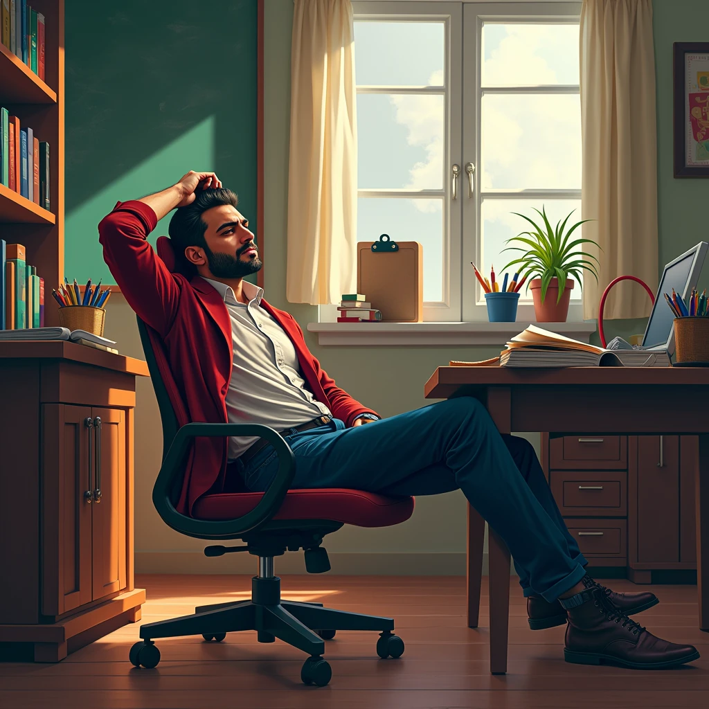 marvel art, a 30 year old iranian male teacher, sat on the chair with feet up on the desk relaxing hand behind hear, sweaty armpit, inside class