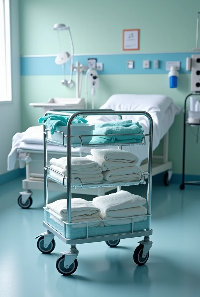 Photo d un chariot d hopital avec Gants jetables
Savon doux adapté aux peaux sensibles
Serviettes et gants de toilette
Bassine pour la toilette partielle au lit si nécessaire
Crèmes hydratantes et lotions (si besoin)
Linge propre , dans une chambre d hopital