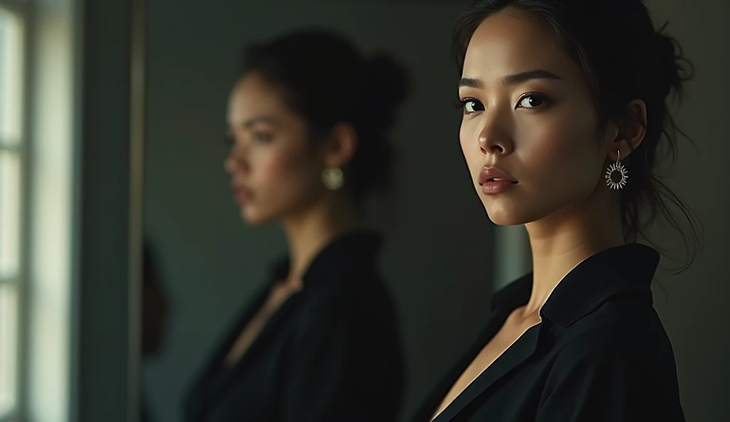 (masterpiece, best quality:1.2), (woman standing in front of large mirror:1.3), (focused, unwavering expression:1.3), (reflection showing shadowy figures behind her:1.2), (determined gaze, strong resolve:1.3), (soft, concentrated lighting on face:1.4), (background slightly blurred:1.2), (tense but empowering atmosphere:1.3), (woman’s presence dominating the scene:1.3), (8K, ultra-detailed, hyper-detailed, RAW photo quality, Unreal Engine rendering:1.3)
