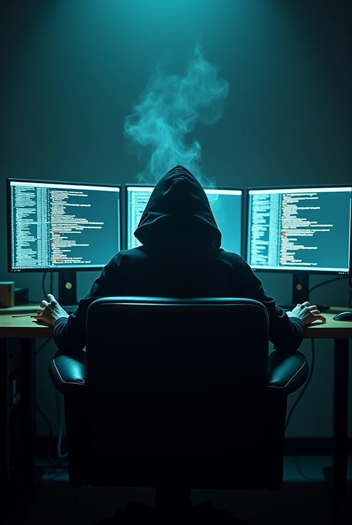 A hacker sits with his back to a leather chair at a computer with three monitors, writing code and smoking a cigar.