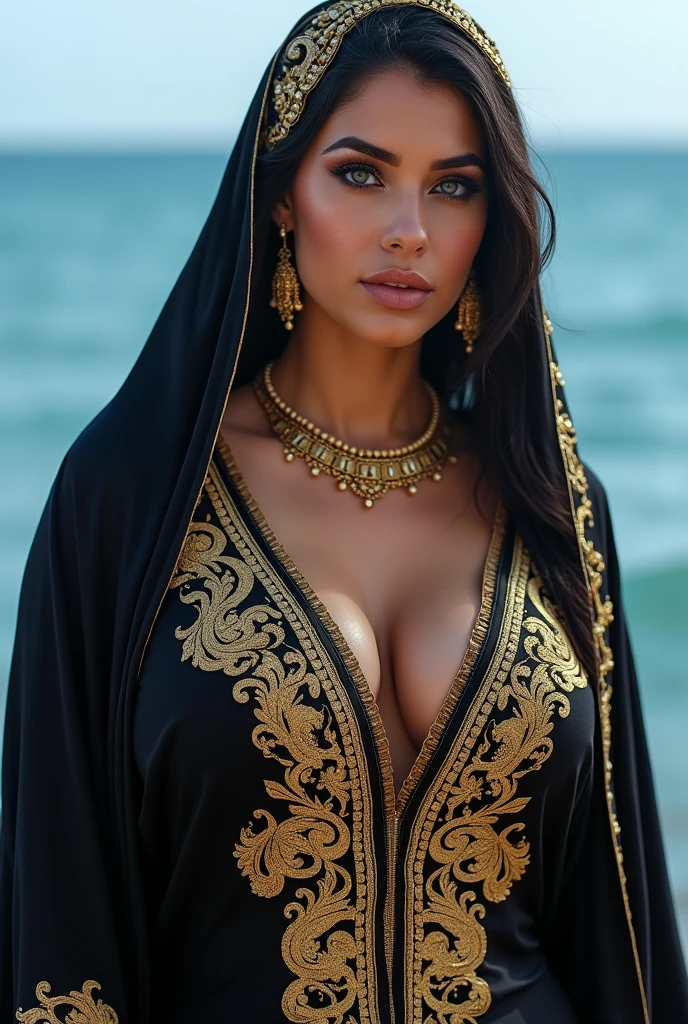 Raw, best quality, high resolution, masterpiece: 1.3)A fat woman in a black caftan decorated with gold threads, and above her the Algerian flag in green, white and red, a wonderful detail, a masterpiece.
(Big breasts),beautiful big eyes,blue sea background,realistic image,half portrait