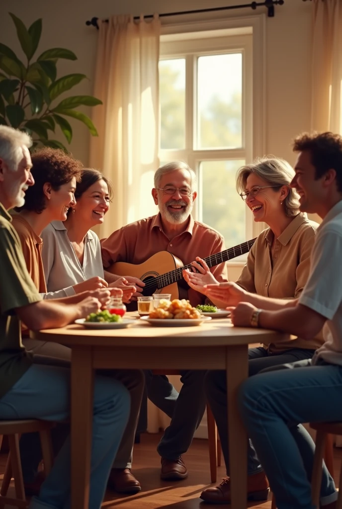 A 5-6 christians having fellowship at home with someone playing guitar. They look joyful.