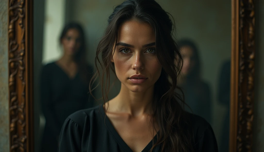 (photo realist)
a very ugly woman, with dark brown hair begins to spread lies about the kiss of the brunette with long dark hair with blonde tips with the black-haired man of the same height as the woman