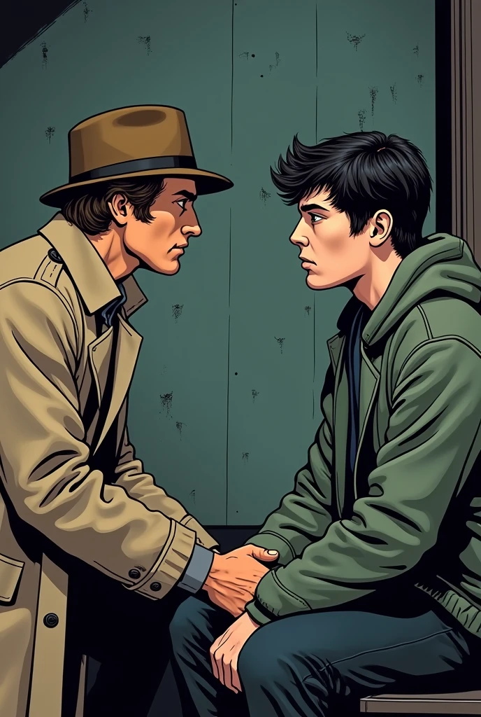 detective (The detective has brown hair and wears a brown hat and a beige trench coat.) interrogating a young man in an interrogation room. (the young man has sports clothes, black fur, and has a serious expression). do it in classic comic style