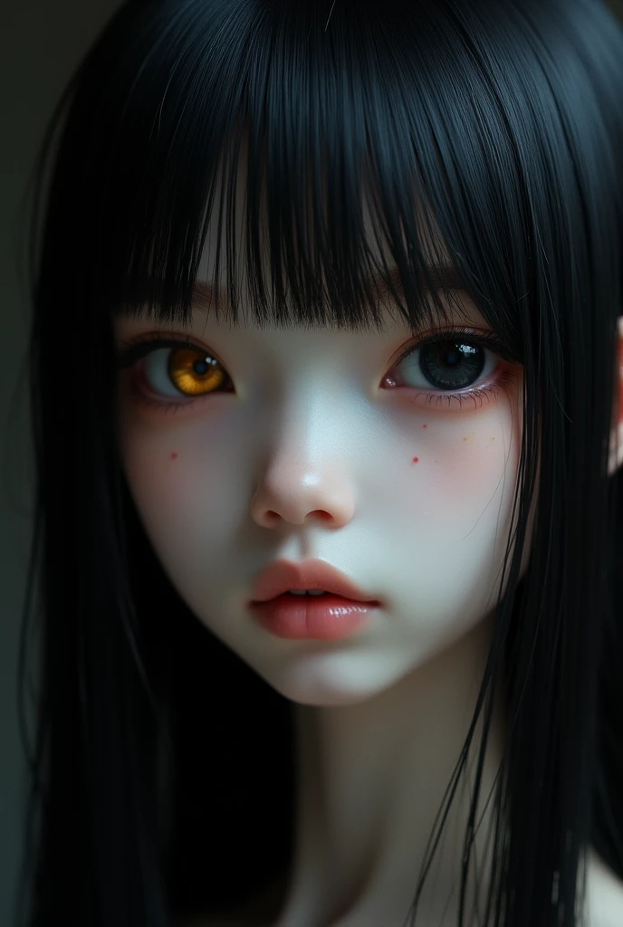 A girl with great beauty, who has hair as black as night, soft and extremely straight. Her left eye is golden and the right one is completely black, she has pale white skin,she is not asian btw.