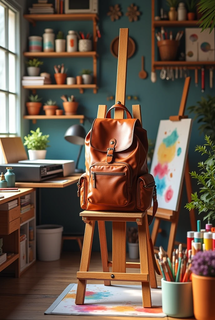 (photorealism:1.2), HORIZONTAL PHOTOGRAPH OF A BUSINESS THAT CONTAINS: Beautiful hanging backpack, School Supplies, printer printing color sheets, Brushes, colors, painting easel, cajas de hojas blancas y colors