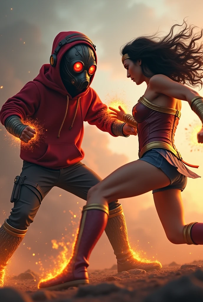 Young Kid with red hoodie, headphones, star-lord helmet, gas helmet, covered mouth, round red eyes, Red eyes, rocket boots, Vs, wonder woman, big breasts, Fighting, power, fiction, full body, fire in boots, poweful spells, realistic, 2 person, flying, pink flames.