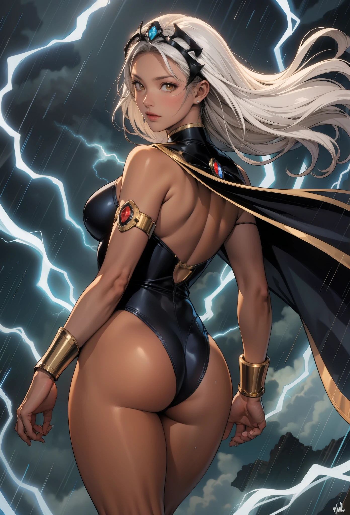 perfect eyes:1.2, detailed eyes:1.4, Ororo, dark-skinned female, long hair, white eyes, no pupils, glowing eyes, headgear, tiara, cape, bracer, leotard, o-ring, highleg, thighs, lightning, floating, electricity, rain, cowboy shot, 1girl, solo, (masterpiece:1.6, best quality), 8k, insane details, intricate details, hyperdetailed, hyper quality, high detail, ultra detailed, professional, HDR, ray tracing reflection, cinematic lighting,
