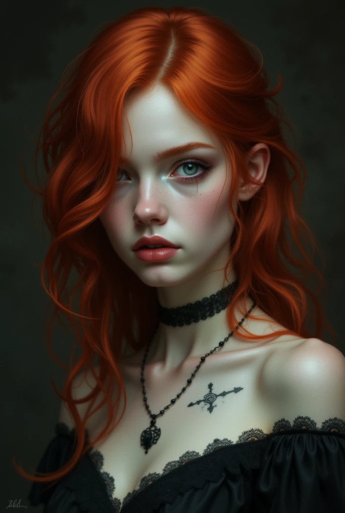 Gothic redhead with cute tattoo
