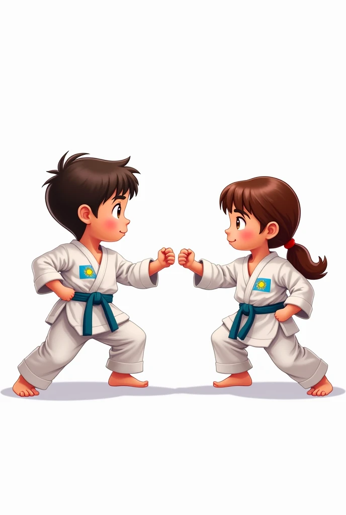 ((officially)) ((masterpiece)) ((Best quality)) ((detailed)) cartoon boy and girl karatekas in uniform with emblem flag of Kazakhstan in fighting stance on white background